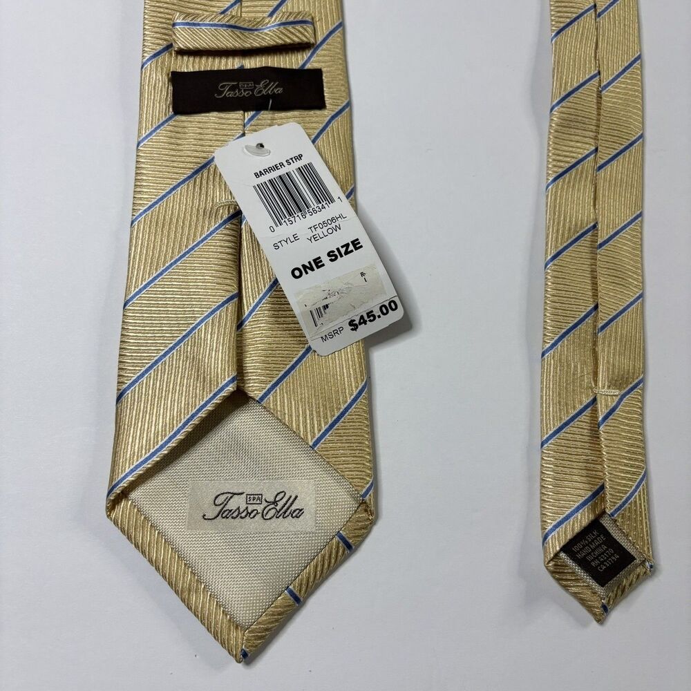 Tasso Elba Men's Business Neck Tie Yellow Blue Stripes Repp 100% Silk - Picture 7 of 8